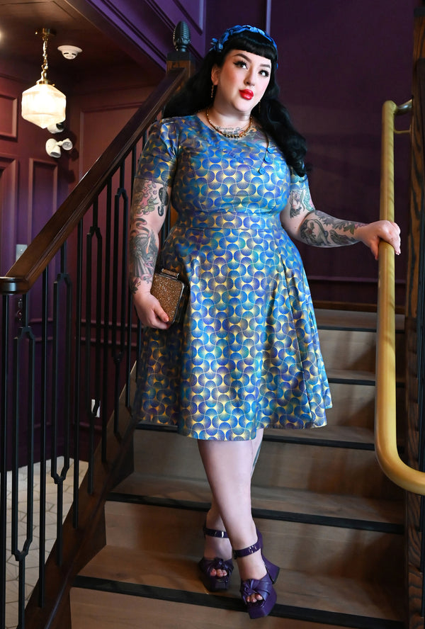 Kim  - Deco D'or Bleu - Metallic Fan Print Dress