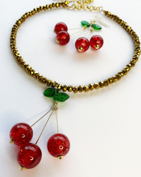 Cherry Sparkle - Metallic Gold Necklace and Earrings Set