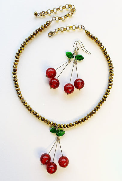 Cherry Sparkle - Metallic Gold Necklace and Earrings Set