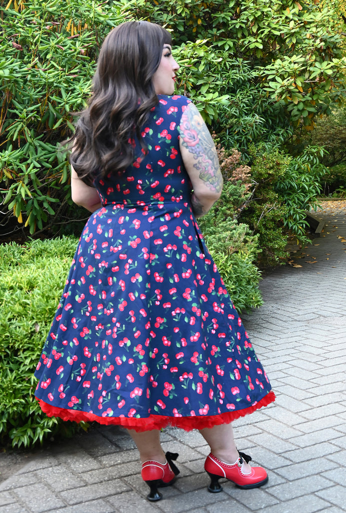 Margot Cherries Royale Navy Cherry Dress Cherry Velvet Curvy Vintage PinUp Dresses