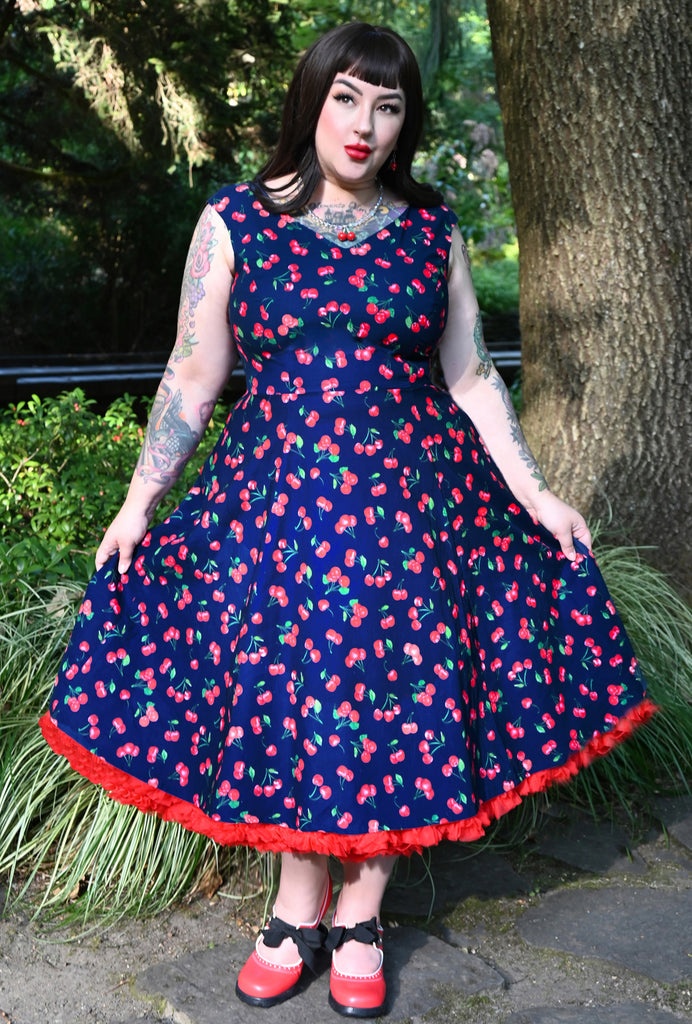 Margot Cherries Royale Navy Cherry Dress Cherry Velvet Curvy Vintage PinUp Dresses