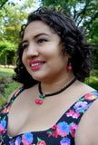 Pink Cherry - Black Necklace and Earrings Set